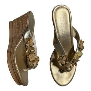 Vtg Y2K Athena Alexander Gold Metallic Leather Floral Cork Wedge Thong Sandals 8